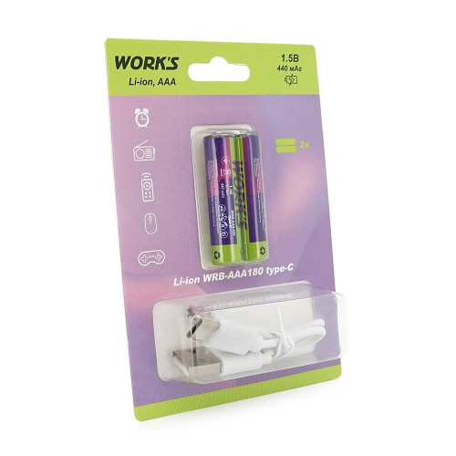 Акумуляторні батареї Li-ion WRB AAA180, тип AАА, 1.5V, Type-c, 440mAh, 1000 циклів, блістер 2шт