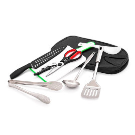 Набір з 9 предметів похідний, ніж, ножиці, щипці для їжі, ложка, обробна дошка і т.д. Сумка із принтом 350х210х60мм. 950 гр. Black