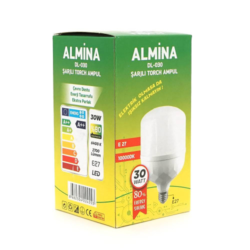 Лампочка з акумуляторами ALMINA DL-030, 220-240V, до 2 годин роботи, 4 години заряджання, 30W(300W), E27, 2700Лм, 6400K, Box