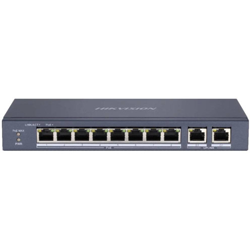 10-портовий некерований POE комутатор Hikvision DS-3E0310P-E/M(B), 8x(100Мбіт/с)PoE + 2x(1000Мбіт/с), 218×28×109 мм