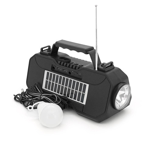 Переносний ліхтар EP-519 + Solar, Функції: PowerBank, FM радіо, USB/TF, Bluetooth, АКБ 1800mAh, 1 виносна лампочка 1W, 244x193x50мм, Black, Box