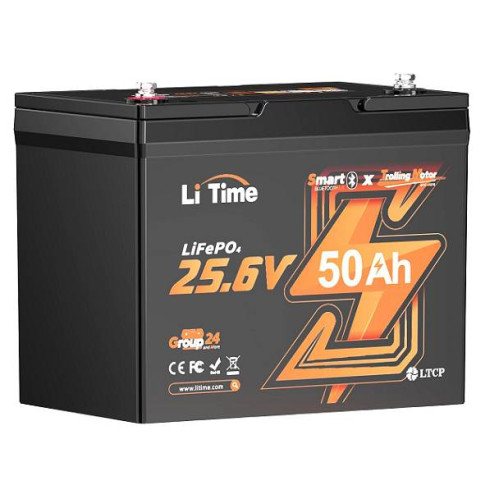 Акумуляторна батарея Li-TIME LiFePO4 25.6V 50Ач 1280Wh Bluetooth 5.0, 6000Cycles, BMS50A, ≤40mΩ, IP65, L206*B168*H211 mm, 9.6 kg