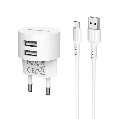 Набір BOROFONE BA23A СЗУ 2xUSB+ кабель USB/Type-C, 2.4A, 1м, White, Blister