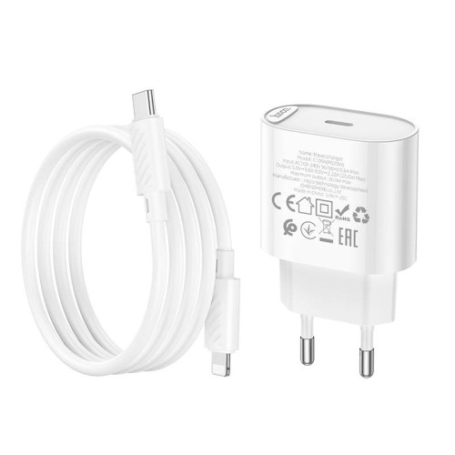 Набір СЗУ 110-240V HOCO C109A 1xUSB-C+ кабель Lighting, PD20W, кабель 1м, White, Blister