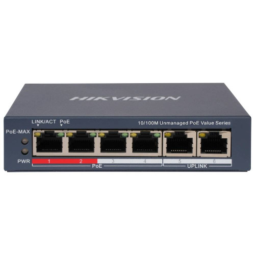 6-портовий некерований POE комутатор Hikvision DS-3E0106P-E/M(B) , 4 POE×100 Мбіт/с + 2 RJ45×100 Мбіт/с