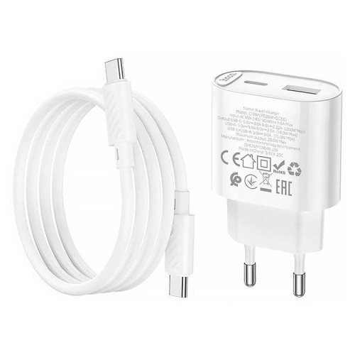 Набір СЗУ HOCO C109A + кабель Type-C/Type-C, 1xUSB+1xUSB-C, PD20W+QC3.0, кабель 1м, White, Box