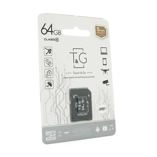 Карта пам'яті T&G microSDHC Class 10 UHS-I, з адаптером, 64GB, Blister