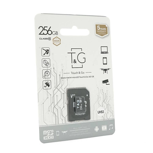 Карта пам'яті T&G microSDHC Class 10 UHS-3, з адаптером, 256GB, Blister
